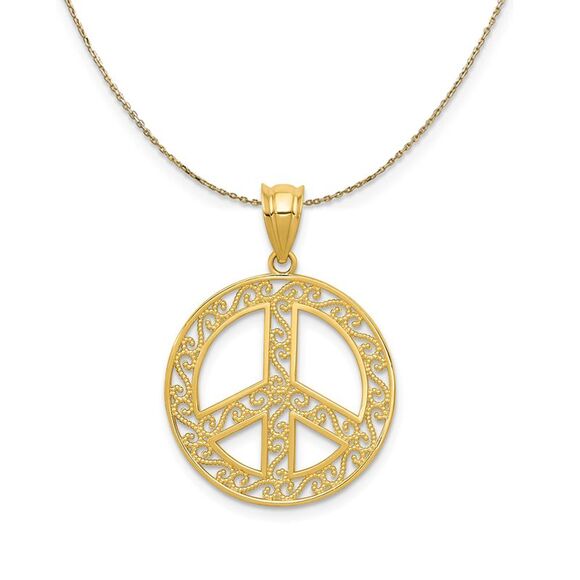 14k Yellow Gold Filigree Peace Sign (19mm) Necklace - 24 Inch - Picture 1 of 7
